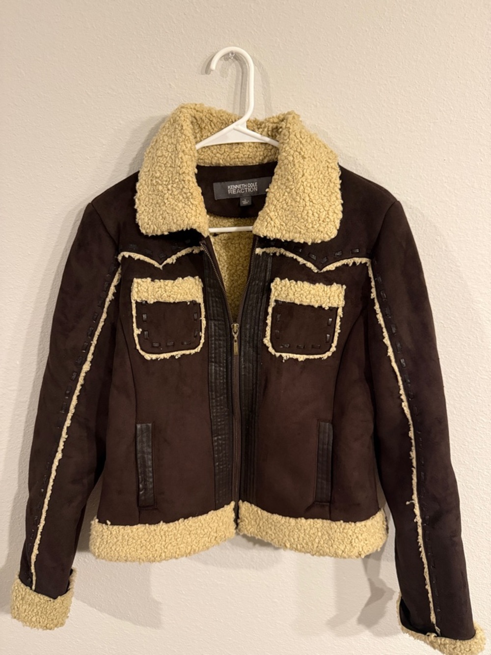 Kenneth Cole Reaction Dark Brown Faux Suede Teddy Jacket with Cream Shearling